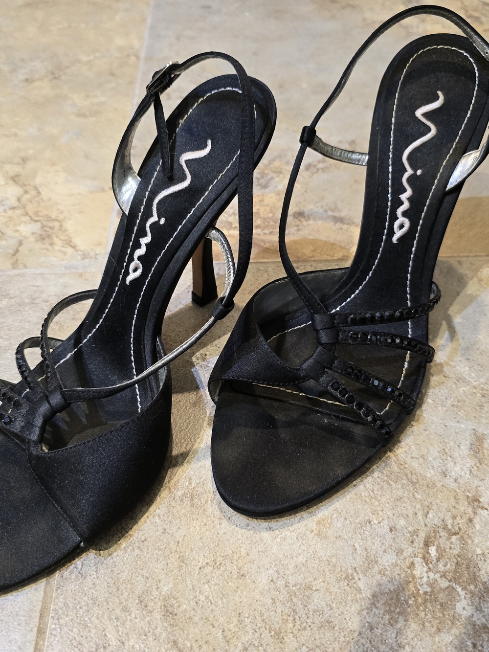 Nina Black Satin Strappy Evening Sandals